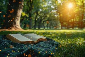 ai généré une couverture et une livre en dessous de une arbre dans une ensoleillé printemps parc professionnel la photographie photo