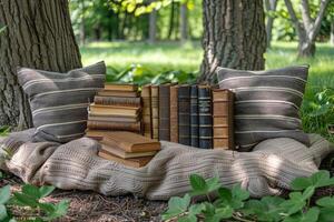 ai généré une couverture et une livre en dessous de une arbre dans une ensoleillé printemps parc professionnel la photographie photo