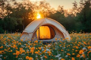 ai généré camping liberté dans le la nature et ayant amusement avec printemps sauvage fleurs vue photo