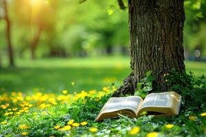 ai généré une couverture et une livre en dessous de une arbre dans une ensoleillé printemps parc professionnel la photographie photo