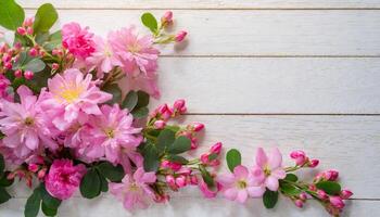 ai généré vibrant rose azalée fleurit repos sur blanc en bois Contexte dans printemps photo