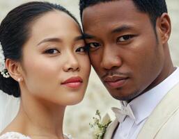 ai généré mariage portrait de une Jeune couple. photo