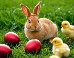 ai généré Pâques lapin et peu poussin sur une vert prairie. photo