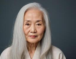 ai généré portrait de un personnes âgées femme dans une blanc kimono dans une minimaliste style. photo