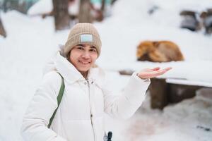 femme touristique avec mignonne Renard sur neige dans hiver saison à zao Renard village, voyageur tourisme Miyagi Préfecture. point de repère et populaire pour attraction près sendai, tohoku, Japon. Voyage et vacances photo