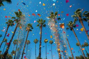 ai généré cœur en forme de confettis chute de une brillant bleu ciel professionnel la photographie Contexte photo