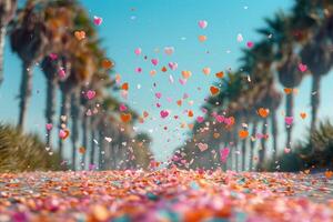 ai généré cœur en forme de confettis chute de une brillant bleu ciel professionnel la photographie Contexte photo