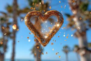 ai généré cœur en forme de confettis chute de une brillant bleu ciel professionnel la photographie Contexte photo