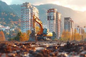 ai généré un excavatrice creusement saleté sur une construction professionnel la photographie photo