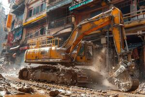 ai généré un excavatrice creusement saleté sur une construction professionnel la photographie photo