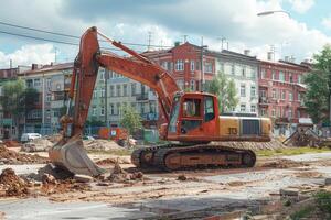 ai généré un excavatrice creusement saleté sur une construction professionnel la photographie photo