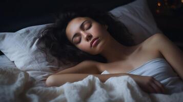 ai généré fille sommeil dans lit. en train de dormir caucasien femme dans confortable chambre à coucher. oreiller et lin, la personne mensonge dans chambre. adulte femelle repos, nuit portrait de personnes. ai généré photo