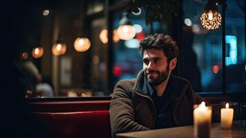 ai généré Jeune homme séance à table dans café. portrait de agréable Jeune homme. ai généré photo