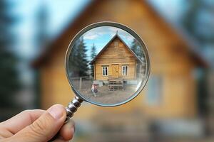 ai généré la personne examiner en bois maison avec grossissant verre, propriété extérieur inspection concept photo