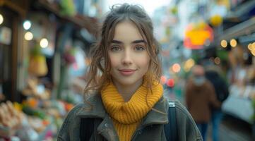 ai généré une Jeune femme permanent à un américain Urbain rue marché, américain rue marchés concept photo