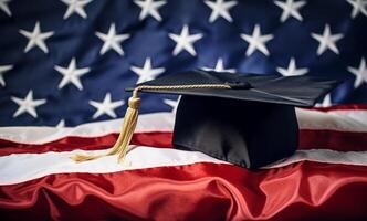 ai généré diplômé casquette repose sur américain drapeau, américain éducation image photo