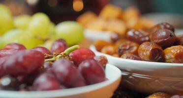 ai généré photo de les raisins et Rendez-vous avec divers nourriture, décoré Ramadan les tables image