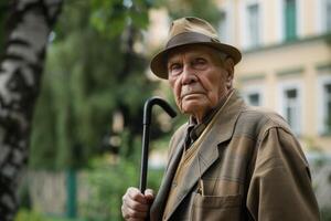 ai généré un plus âgée homme à l'extérieur en portant une en marchant canne, parkinson photo