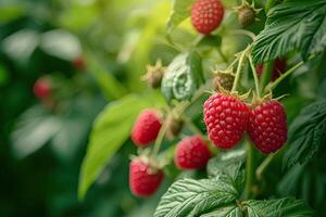 ai généré framboise récolte dans le jardin. photo