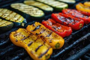 ai généré grillé des légumes sur une gril, rouge poivre et Jaune poivre, courgette. photo