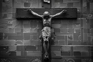 ai généré crucifix avec le figure de Jésus sur le église mur photo