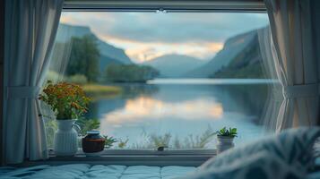 ai généré vibrant fermer de un les camping-cars fenêtre avec rideaux tiré retour à révéler une Stupéfiant vue de une Lac et alentours montagnes, capturer le paisible Matin de une camping voyage photo