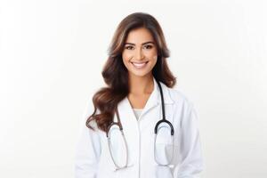 ai généré une femme dans une blanc laboratoire manteau est souriant photo