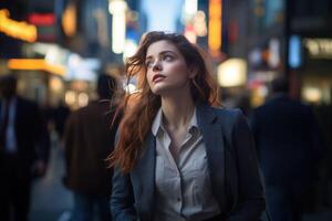 ai généré une femme dans une affaires costume est permanent dans le milieu de une occupé ville rue photo