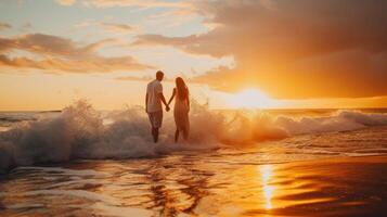 ai généré couple en portant mains sur le plage à le coucher du soleil photo