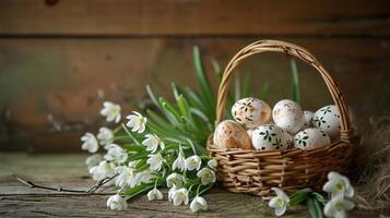 ai généré Pâques peint des œufs dans une panier sur une en bois table près une en bois mur, perce-neige mensonge, rustique style photo