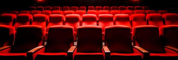 ai généré vide cinéma des places dans une foncé théâtre avec ambiant éclairage.venue publicité, culturel un événement brochures photo