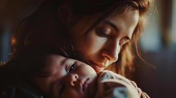 ai généré maternel embrasse à aube. une soumissionner moment comme une mère berceaux sa en train de dormir bébé dans le doux Matin lumière. photo