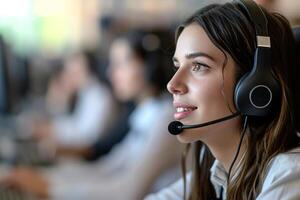 ai généré fermer de une femelle client soutien agent avec casque. photo