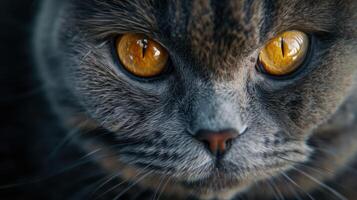 ai généré une proche en haut de une chats visage avec Jaune yeux photo