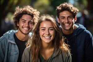 ai généré Trois Jeune gens souriant dans de face de une arbre photo