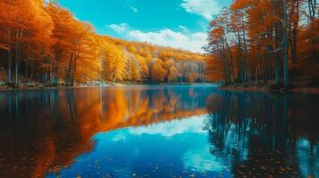 ai généré croustillant l'automne reflets sur une encore forêt lac. une forêt Lac mensonges toujours, mise en miroir le croustillant d'or teintes de l'automne des arbres contre une clair bleu ciel dans une tranquille paramètre. photo