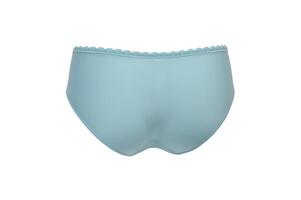 lingerie. aux femmes de dentelle turquoise ou lumière bleu culotte isolé sur une blanc Contexte. fermer. retour voir. aux femmes à la mode sous-vêtement. photo