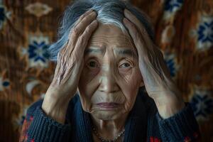 ai généré personnes âgées femme expérience sévère mal de crâne avec ai généré. photo