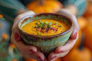 ai généré chaud fait maison citrouille soupe dans mains. photo