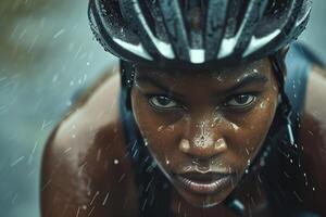 ai généré déterminé cycliste formation dans le pluie avec ai généré. photo