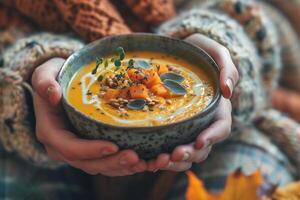 ai généré chaud fait maison citrouille soupe dans mains. photo