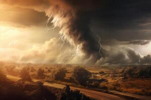 ai généré spectaculaire orageux ciel avec foudre. photo