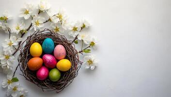 ai généré Pâques panier rempli avec coloré des œufs et printemps décorations photo