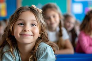 ai généré portrait de mignonne peu fille à la recherche en haut dans salle de cours à élémentaire école. photo