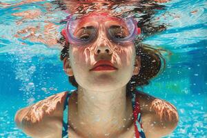 ai généré sous-marin portrait de Jeune femelle nageur. photo