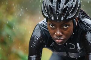 ai généré déterminé cycliste formation dans le pluie avec ai généré. photo