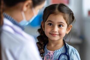 ai généré peu fille avec une stéthoscope à le médecins bureau. photo