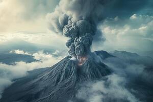 ai généré volcan éruption avec fumée dans le des nuages. photo