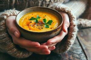 ai généré chaud fait maison citrouille soupe dans mains. photo