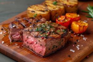 ai généré grillé steak moyen rare avec Frais herbes. photo